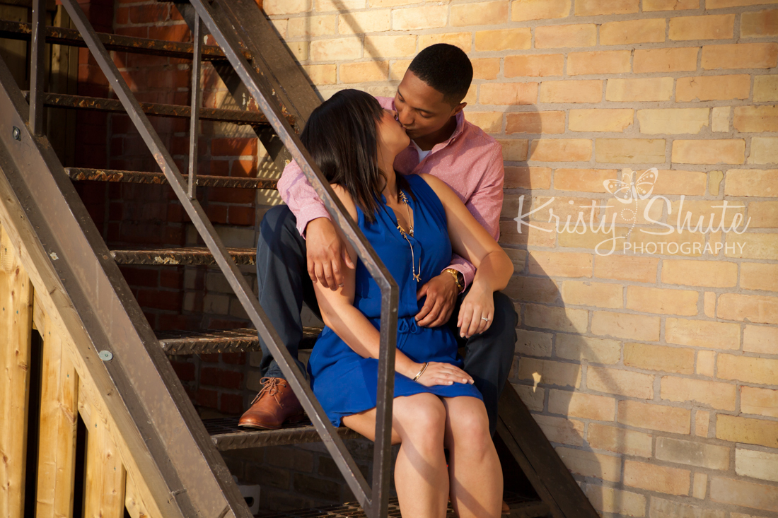 Kristy Shute Photography Cambridge Galt Engagement Session Spring Stairs Kissing