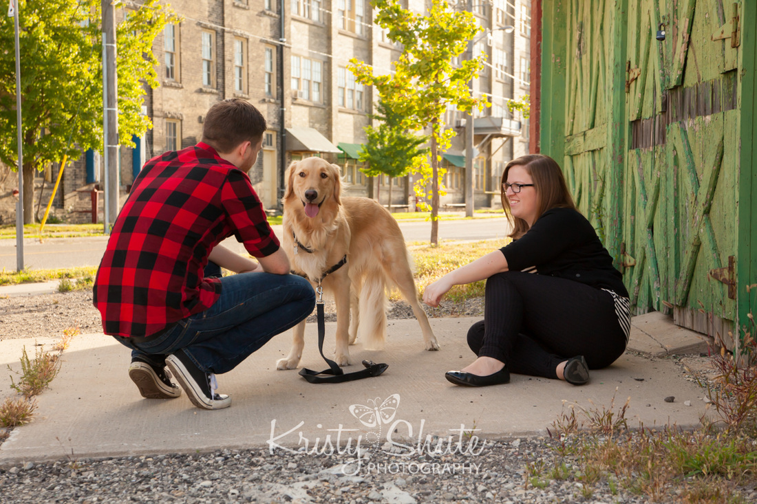 Kristy Shute Photography; Kitchener; Breithaupt; Couple with dog; Fall; Urban