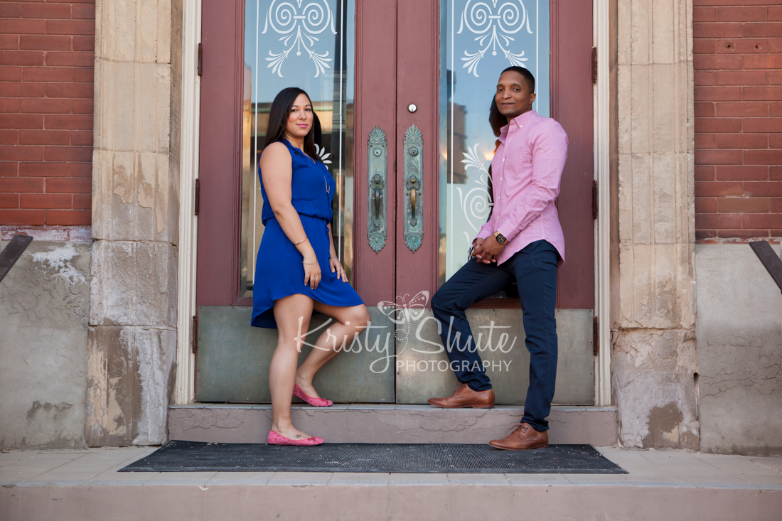 Kristy Shute Photography Cambridge Galt Engagement Session Spring Leaning on Doors